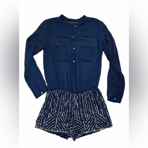 ZARA Navy Blue Long Sleeve Romper with Sequin Short XS - Picture 2 of 6